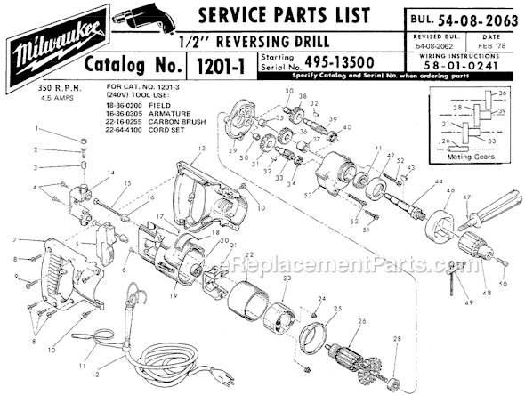 Page A Diagram and Parts List for 1201-1 SER 495-13500 Milwaukee Electric Drill