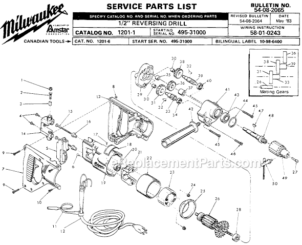 Page A Diagram and Parts List for 1201-1 SER 495-31000 Milwaukee Electric Drill