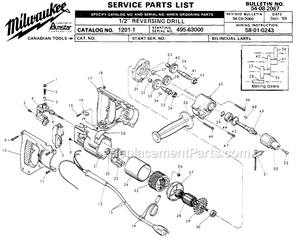 Page A Diagram and Parts List for 1201-1 SER 495-63000 Milwaukee Electric Drill