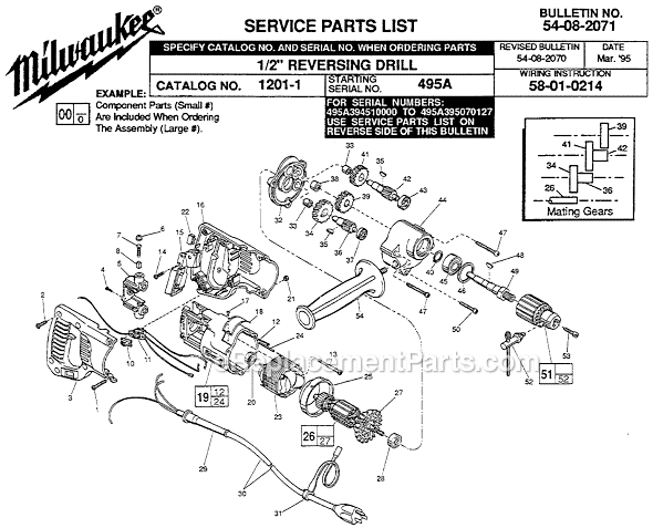 Page A Diagram and Parts List for 1201-1 SER 495A Milwaukee Electric Drill