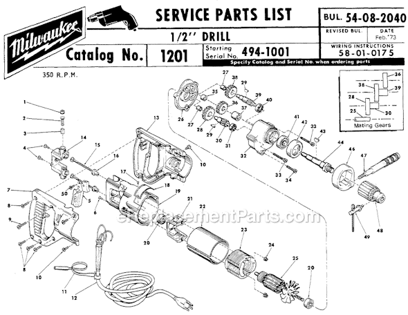 Page A Diagram and Parts List for 1201 SER 494-1001 Milwaukee Electric Drill