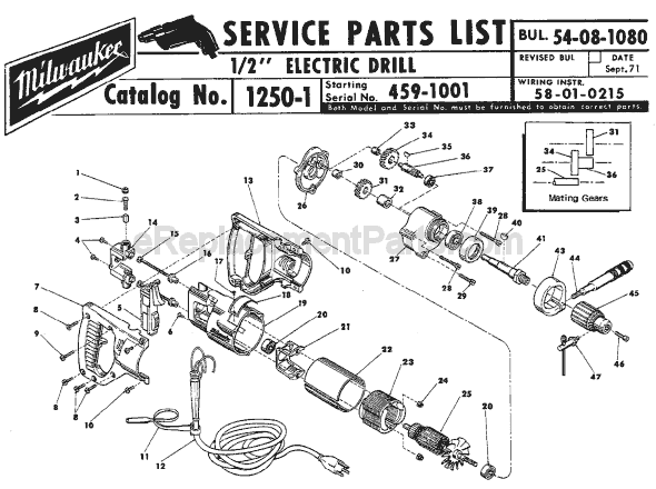 Page A Diagram and Parts List for 1250-1 SER 459-1001 Milwaukee Electric Drill