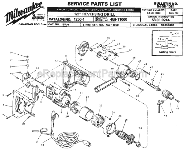 Page A Diagram and Parts List for 1250-1 SER 459-11000 Milwaukee Electric Drill