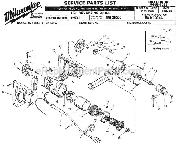 Page A Diagram and Parts List for 1250-1 SER 459-25000 Milwaukee Electric Drill