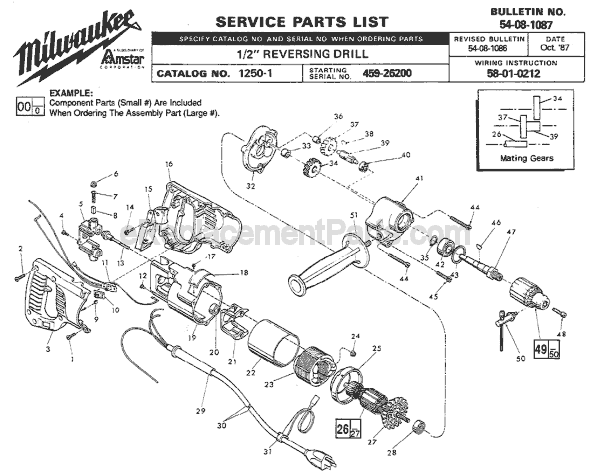 Page A Diagram and Parts List for 1250-1 SER 459-26200 Milwaukee Electric Drill