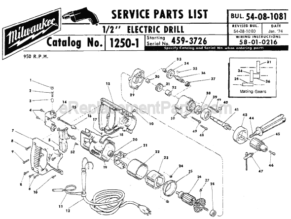 Page A Diagram and Parts List for 1250-1 SER 459-3726 Milwaukee Electric Drill
