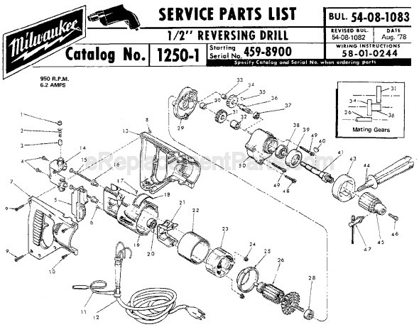 Page A Diagram and Parts List for 1250-1 SER 459-8900 Milwaukee Electric Drill