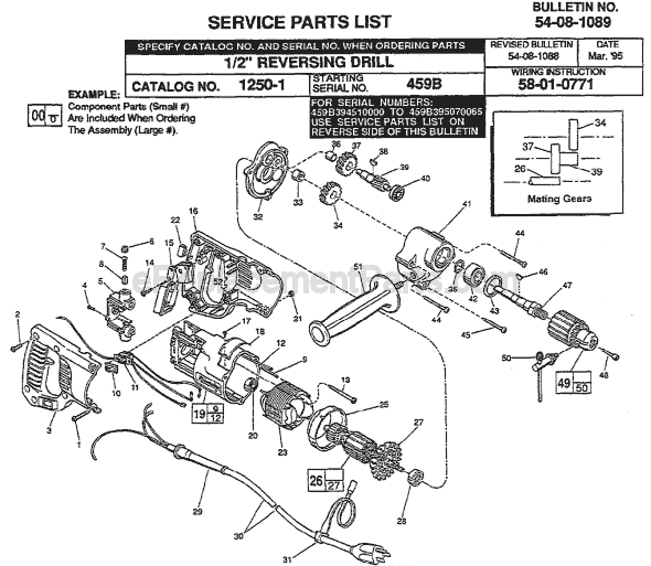 Page A Diagram and Parts List for 1250-1 SER 459B Milwaukee Electric Drill