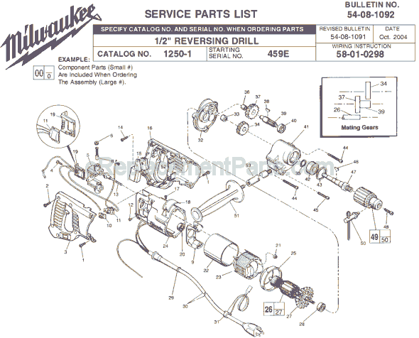 Page A Diagram and Parts List for 1250-1 SER 459E Milwaukee Electric Drill