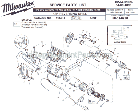 Page A Diagram and Parts List for 1250-1 SER 459F Milwaukee Electric Drill