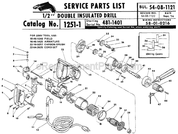 Page A Diagram and Parts List for 1251-1 SER 481-1401 Milwaukee Electric Drill