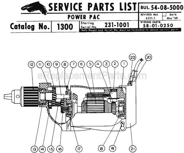 Page A Diagram and Parts List for 1300 SER 231-1001 Milwaukee Cordless Drill