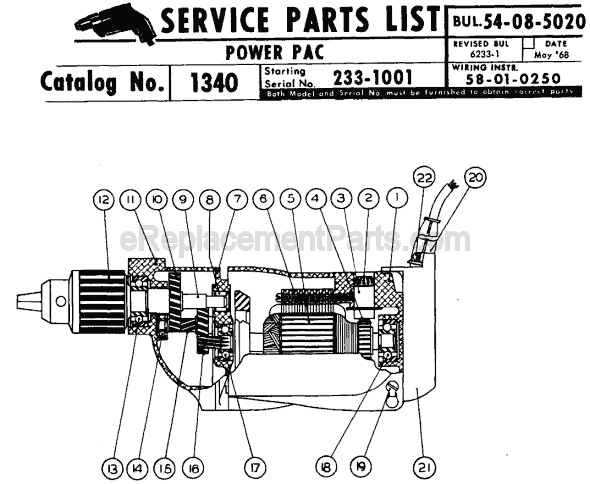 Page A Diagram and Parts List for 1340 SER 233-1001 Milwaukee Cordless Drill