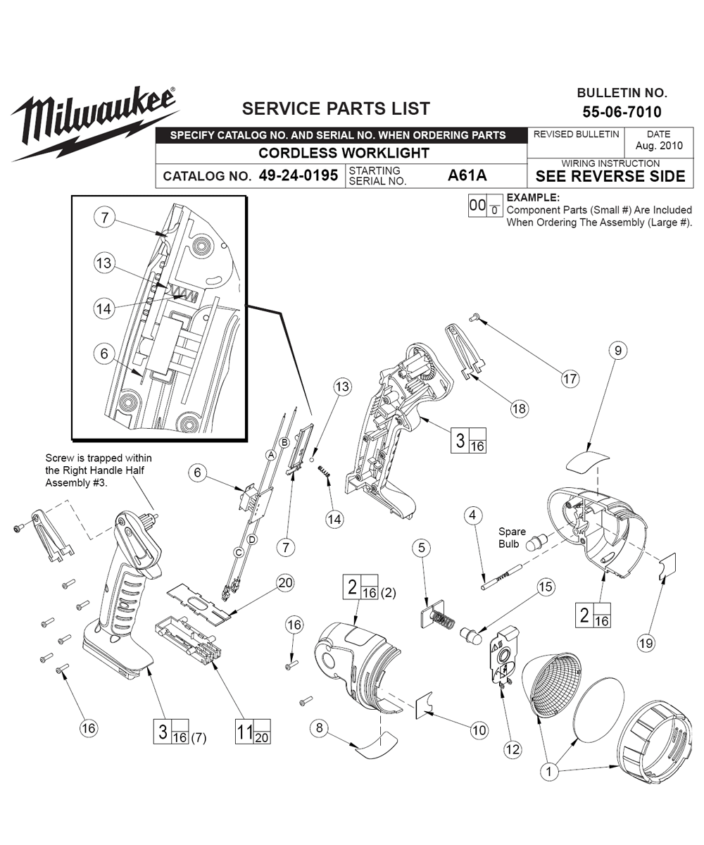Fig-0 Diagram and Parts List for 49-24-0195 A61A Milwaukee Worklight & Flashlight