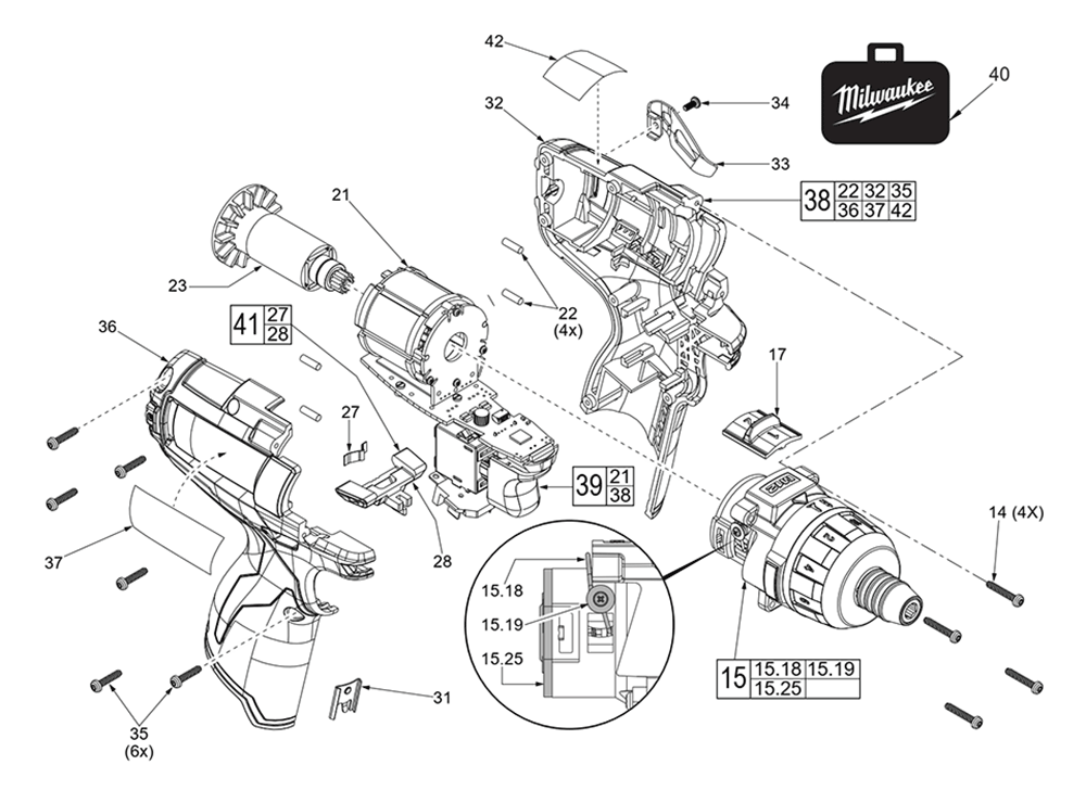 Fig-0 Diagram and Parts List for 2402-059 F15C Milwaukee Electric Drill