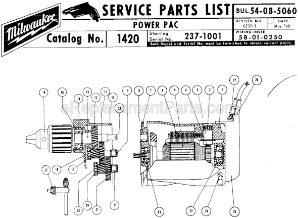 Page A Diagram and Parts List for 1420 SER 237-1001 Milwaukee Cordless Drill