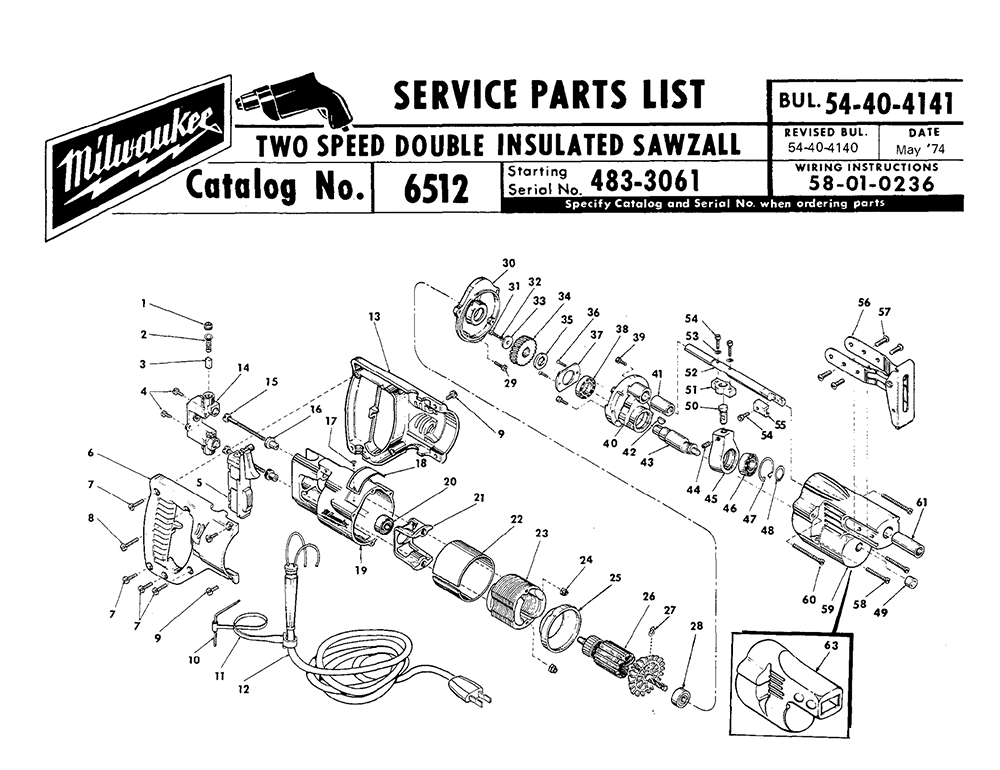 Fig-0 Diagram and Parts List for 6512-2 483-3061 Milwaukee Saw