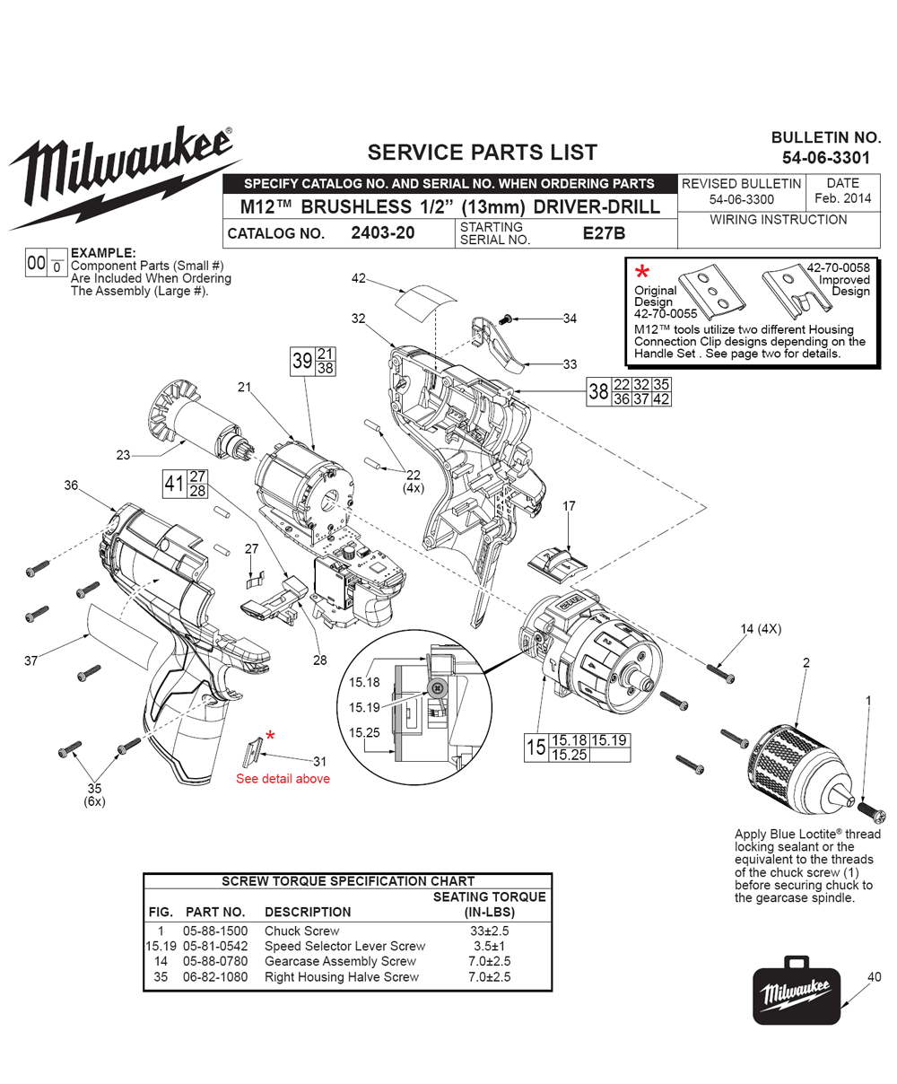 Fig-0 Diagram and Parts List for 2403-20 E27B Milwaukee Cordless Drill