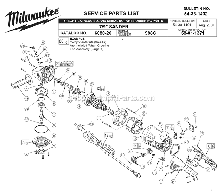 Page A Diagram and Parts List for 6080-20 988C Milwaukee Sander Grinder