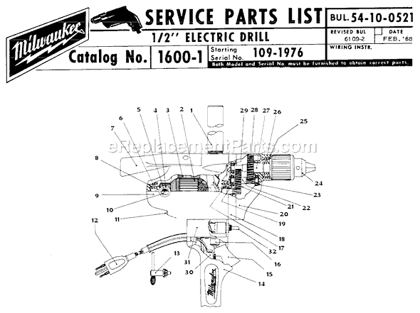 Page A Diagram and Parts List for 1600-1 SER 109-1976 Milwaukee Electric Drill