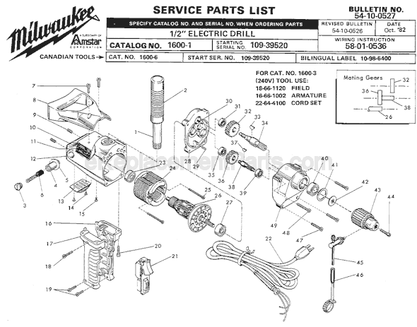 Page A Diagram and Parts List for 1600-1 SER 109-39520 Milwaukee Electric Drill