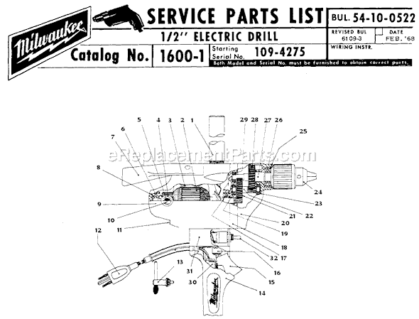 Page A Diagram and Parts List for 1600-1 SER 109-4275 Milwaukee Electric Drill