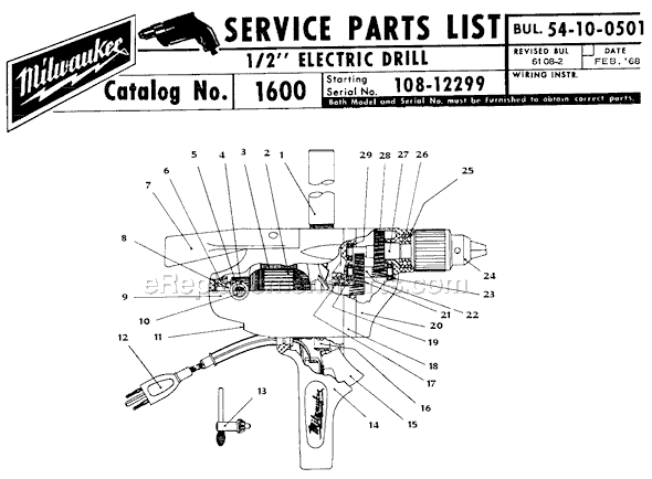 Page A Diagram and Parts List for 1600 SER 108-12299 Milwaukee Electric Drill