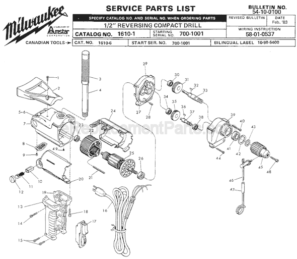 Page A Diagram and Parts List for 1610-1 SER 700-1001 Milwaukee Electric Drill
