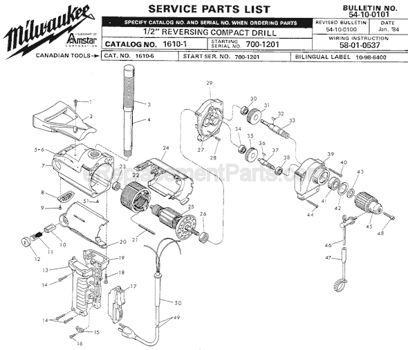 Page A Diagram and Parts List for 1610-1 SER 700-1201 Milwaukee Electric Drill