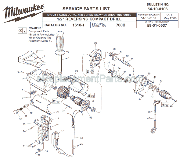 Page A Diagram and Parts List for 1610-1 SER 700B Milwaukee Electric Drill
