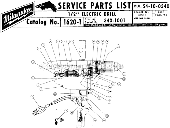 Page A Diagram and Parts List for 1620-1 SER 343-1001 Milwaukee Electric Drill