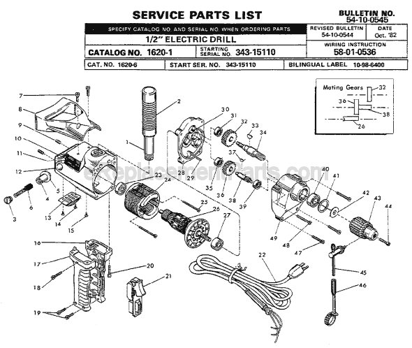 Page A Diagram and Parts List for 1620-1 SER 343-15110 Milwaukee Electric Drill