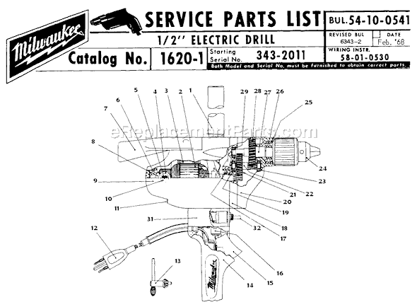 Page A Diagram and Parts List for 1620-1 SER 343-2011 Milwaukee Electric Drill
