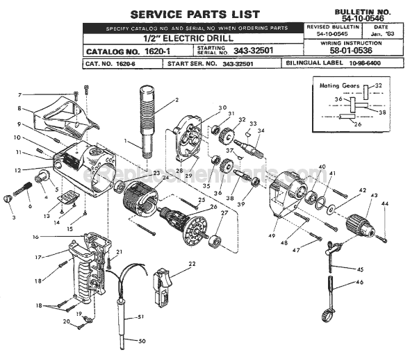 Page A Diagram and Parts List for 1620-1 SER 343-32501 Milwaukee Electric Drill