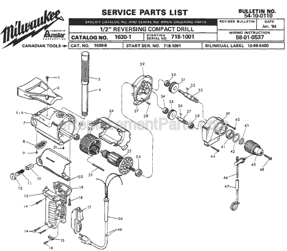 Page A Diagram and Parts List for 1630-1 SER 718-1001 Milwaukee Electric Drill