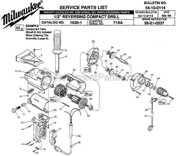 Page A Diagram and Parts List for 1630-1 SER 718A Milwaukee Electric Drill