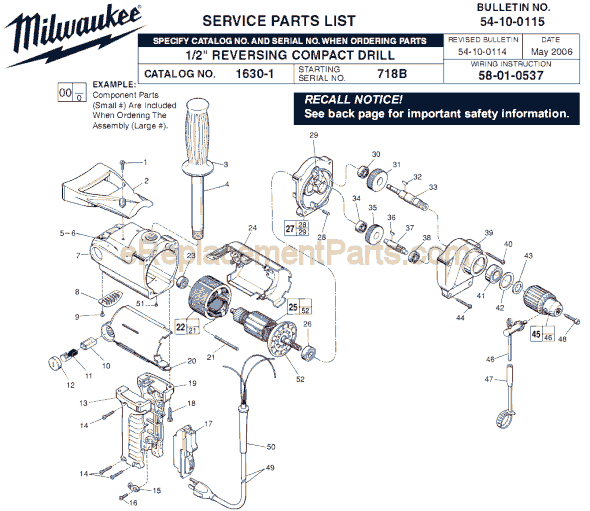 Page A Diagram and Parts List for 1630-1 SER 718B Milwaukee Electric Drill