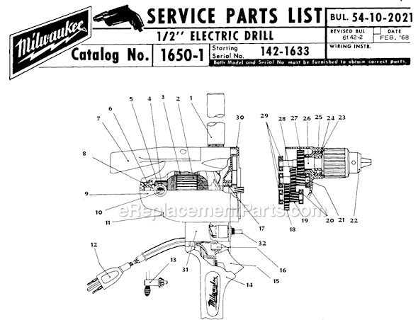 Page A Diagram and Parts List for 1650-1 SER 142-1633 Milwaukee Electric Drill