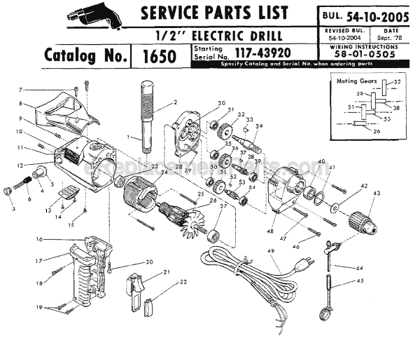 Page A Diagram and Parts List for 1650 SER 117-43920 Milwaukee Electric Drill