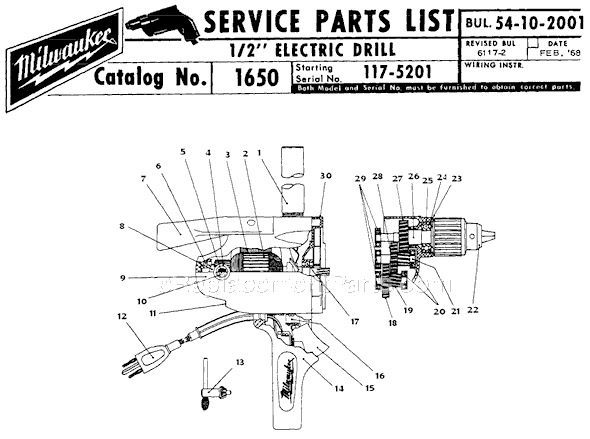 Page A Diagram and Parts List for 1650 SER 117-5201 Milwaukee Electric Drill