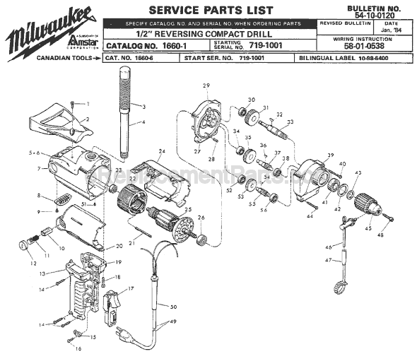 Page A Diagram and Parts List for 1660-1 SER 719-1001 Milwaukee Electric Drill