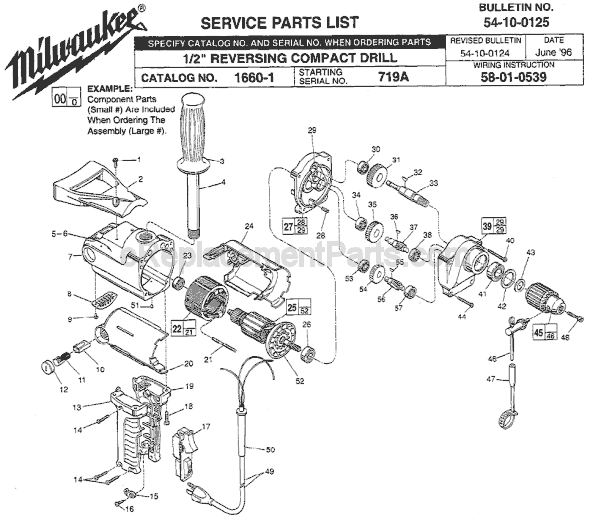 Page A Diagram and Parts List for 1660-1 SER 719A Milwaukee Electric Drill