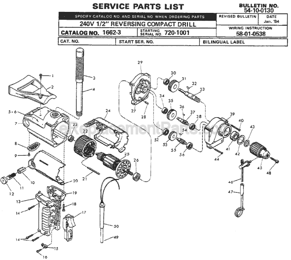 Page A Diagram and Parts List for 1662-3 SER 720-1001 Milwaukee Electric Drill