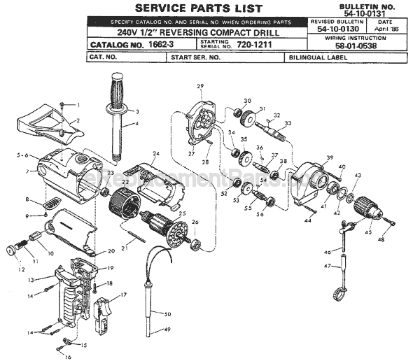 Page A Diagram and Parts List for 1662-3 SER 720-1211 Milwaukee Electric Drill