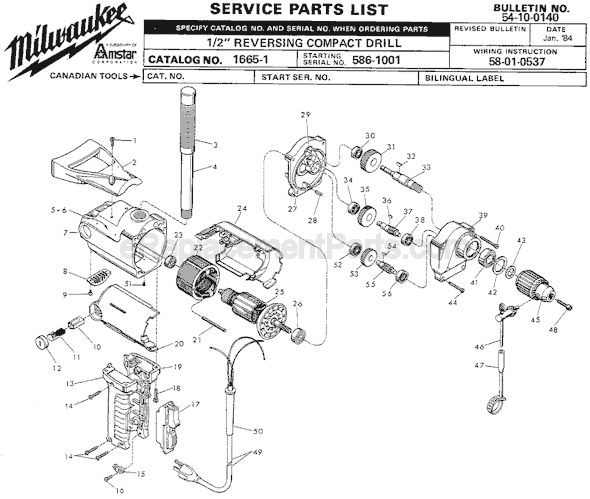 Page A Diagram and Parts List for 1665-1 SER 586-1001 Milwaukee Drill Press