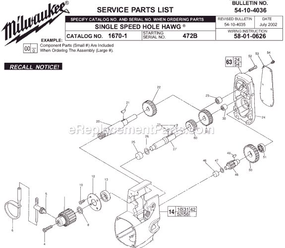 Page A Diagram and Parts List for 1670-1 SER 472B Milwaukee Electric Drill