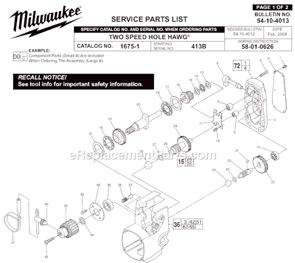 Page A Diagram and Parts List for 1675-1 SER 413B Milwaukee Electric Drill