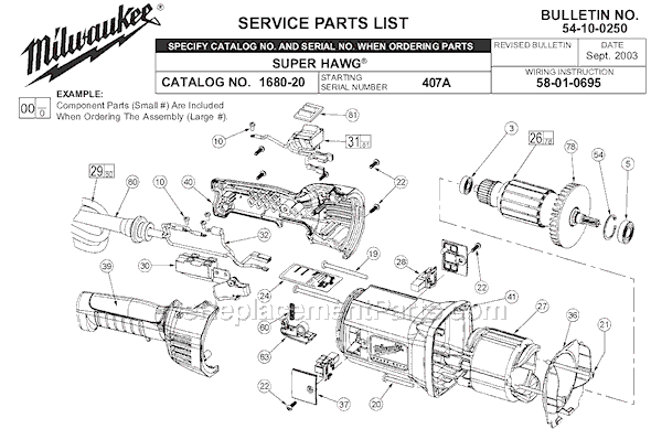 Page A Diagram and Parts List for 1680-20 SER 407A Milwaukee Electric Drill