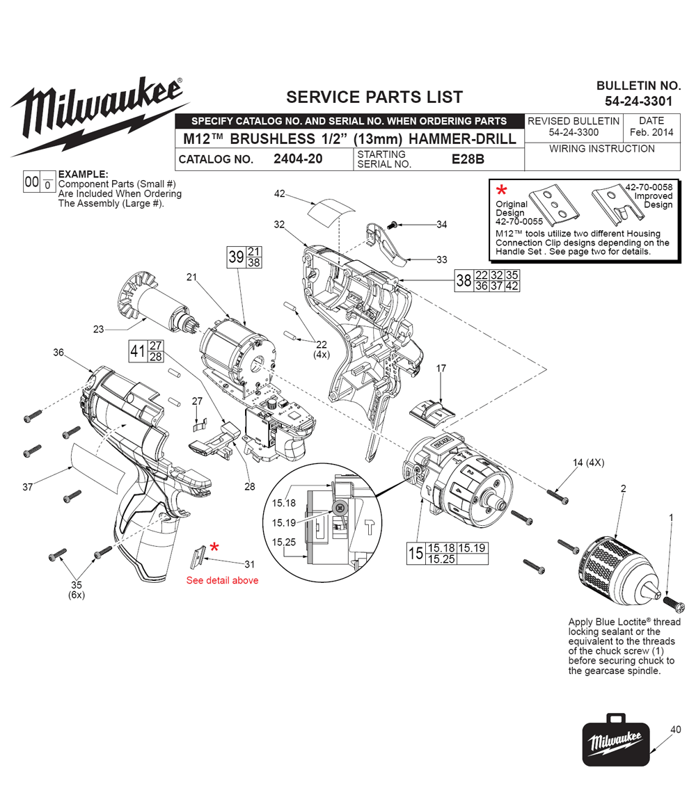 Fig-0 Diagram and Parts List for 2404-22 E28B Milwaukee Cordless Drill