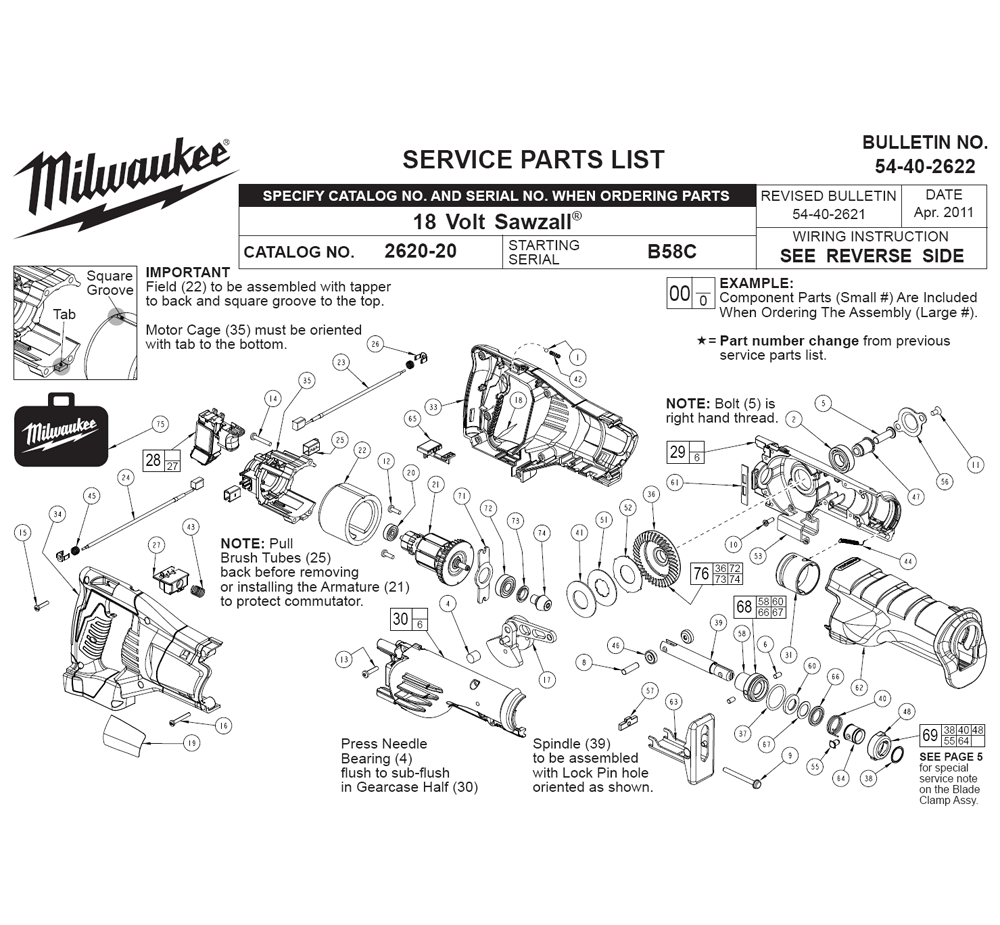 Fig-0 Diagram and Parts List for 2620-22 B58C Milwaukee Saw